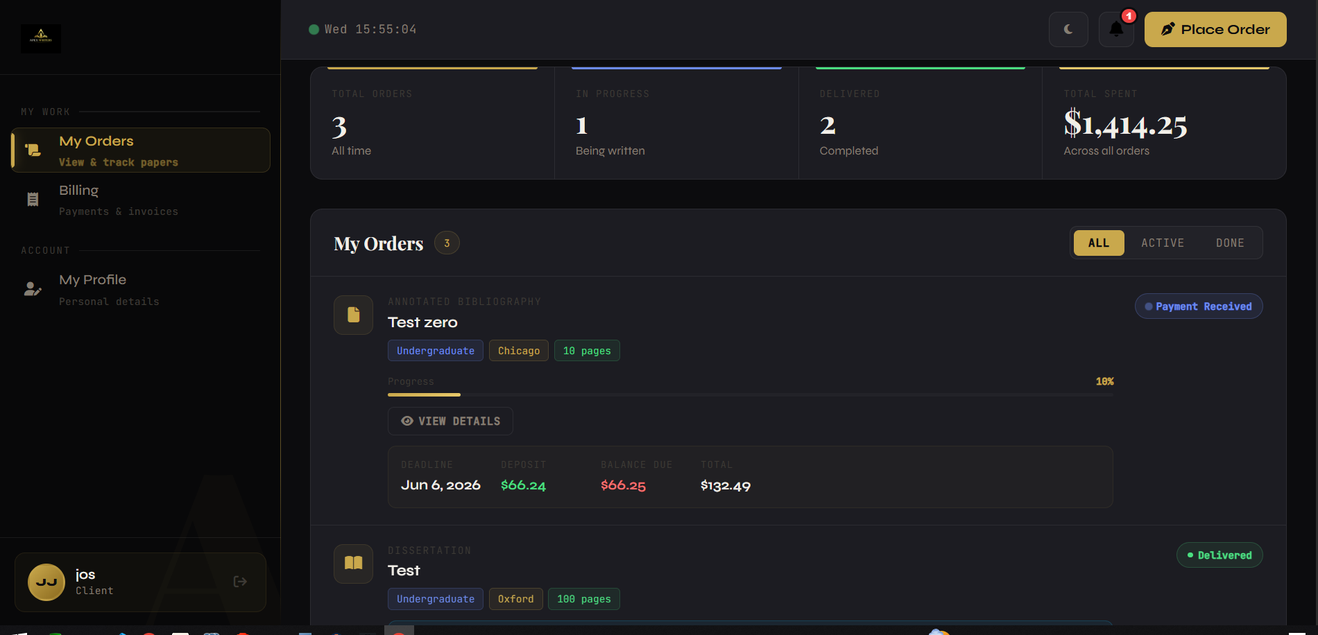 Academic Writers Platform — Client Orders Dashboard